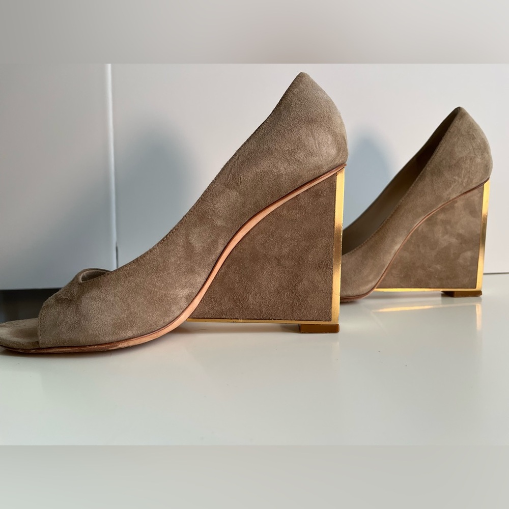 Christian Dior taupe suede wedge heels with metal detail sz 9.5 vintage